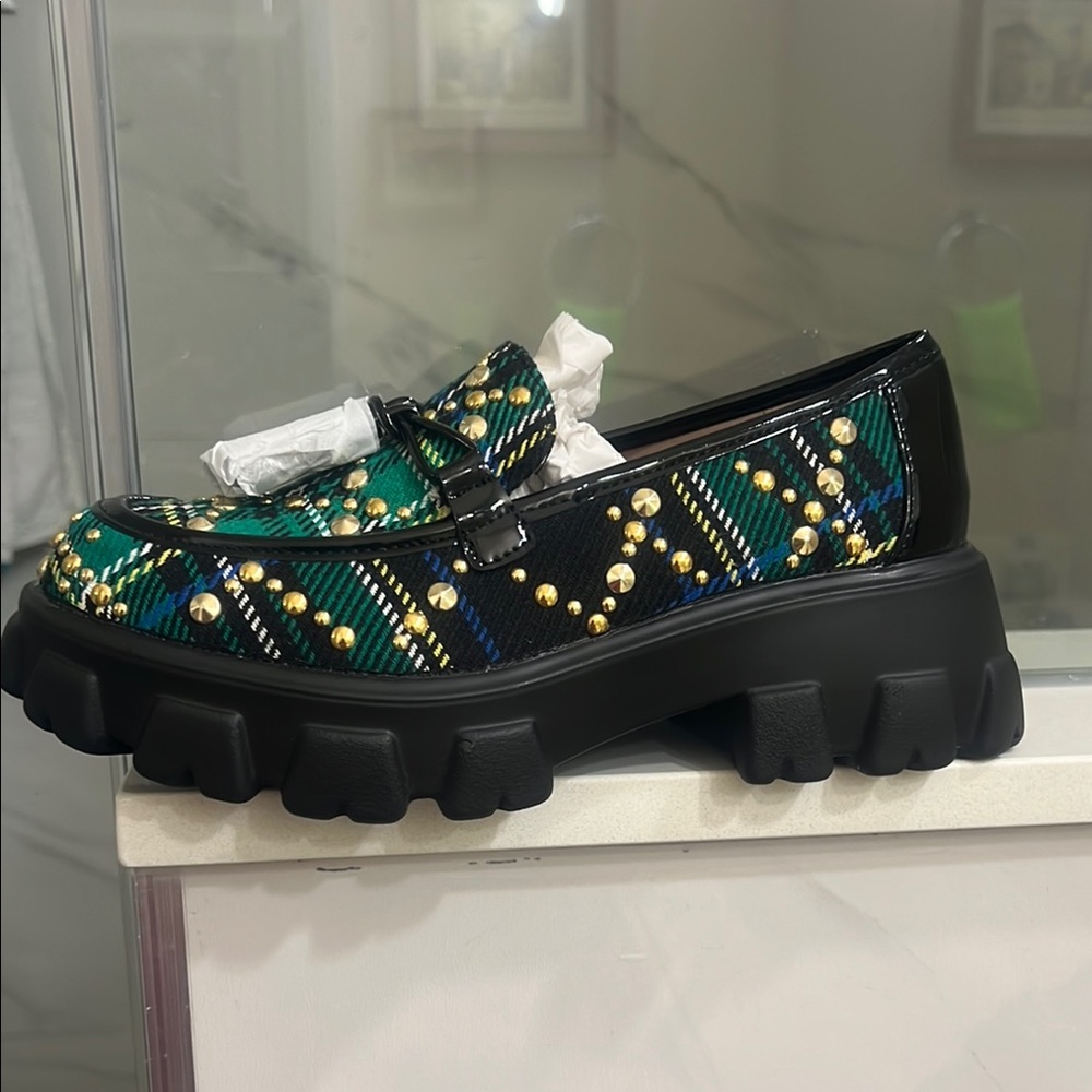 Black and Green Chunky Platform Loafers with Geometric Pattern